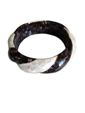 Vintage Mother of Pearl Bangle Bracelet Mosaic Inlay Twisted Chunky Boho